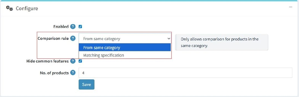 compare product enhancement configure feature dropdown setting